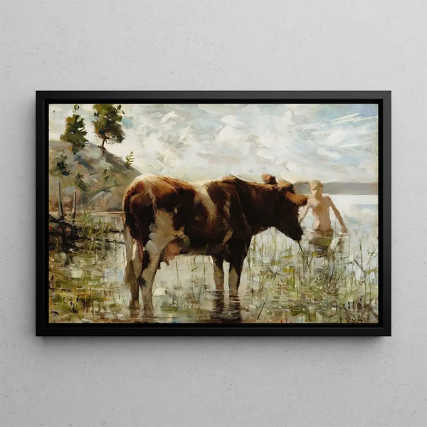 Cow and Boy 1885 - Akseli Gallen-Kallela — framed artwork on a wall