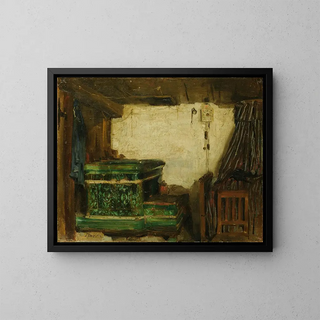 Corner of a room with a tiled stove - Albert Anker — framed artwork on a wall