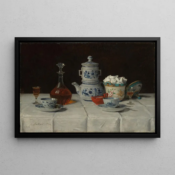 Nature morte with coffee service and bottle of cognac - Albert Anker — framed artwork on a wall