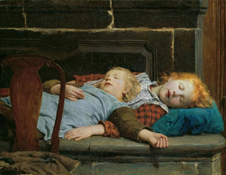 Two sleeping girls on the stove bench - Albert Anker — artwork view
