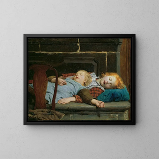 Two sleeping girls on the stove bench - Albert Anker — framed artwork on a wall