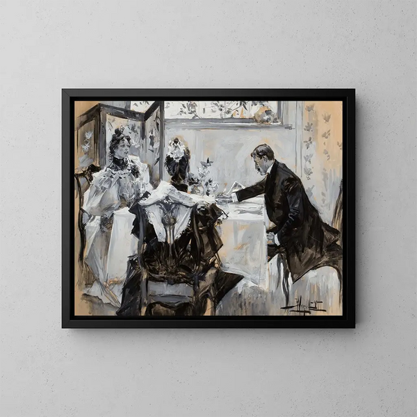 Man and woman at table - Albert Beck Wenzell — framed artwork on a wall