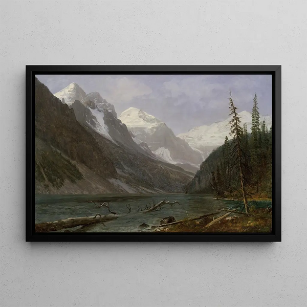 Canadian Rockies painting, Lake Louise - Albert Bierstadt — framed artwork on a wall