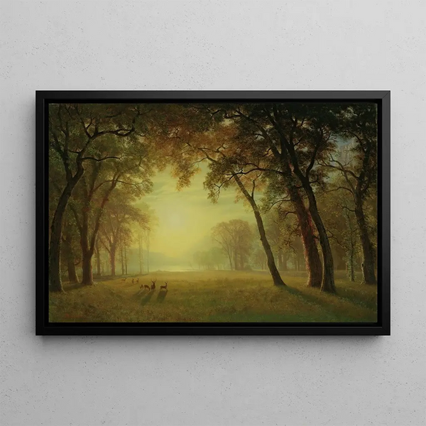 Yosemite Deer in a Clearing - Albert Bierstadt — framed artwork on a wall