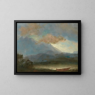 Indian Canoe Painting at the Lake Shore - Albert Bierstadt — framed artwork on a wall