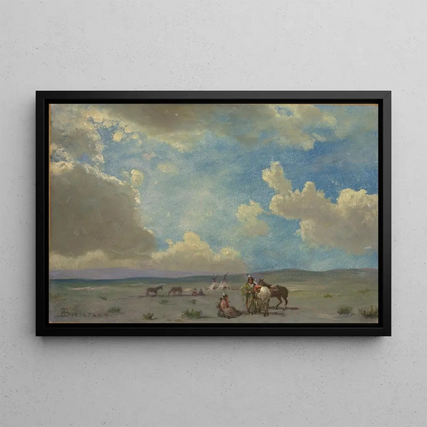 Indian encampment painting - Albert Bierstadt — framed artwork on a wall