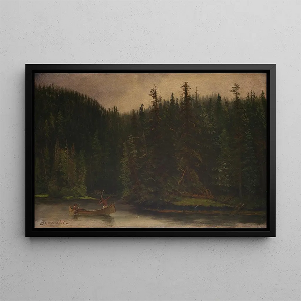 Indian hunters in canoe - Albert Bierstadt — framed artwork on a wall