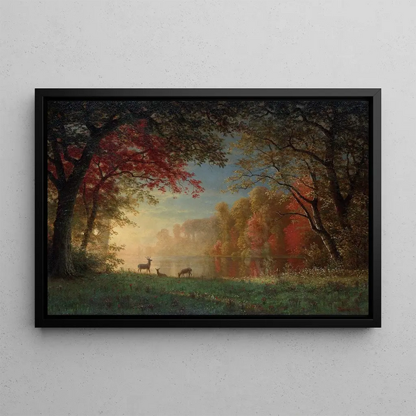Sunset Indian, deer near a lake - Albert Bierstadt — framed artwork on a wall