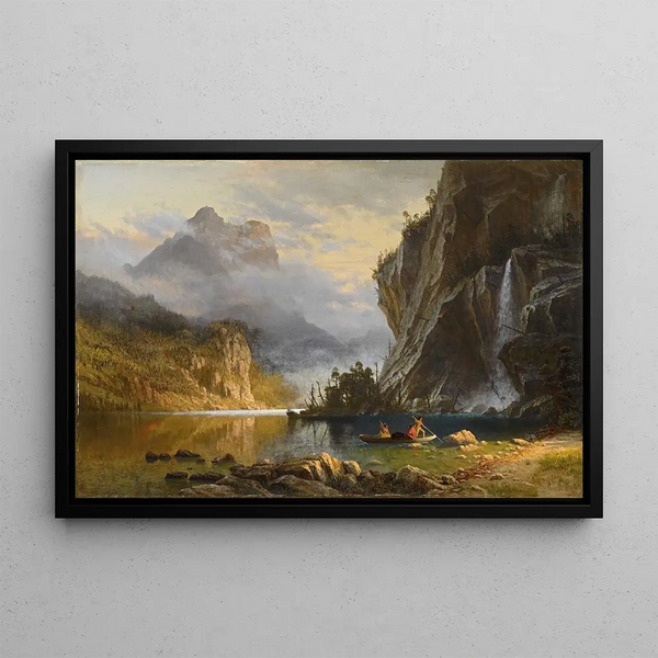 Indians fishing with a spear - Albert Bierstadt — framed artwork on a wall
