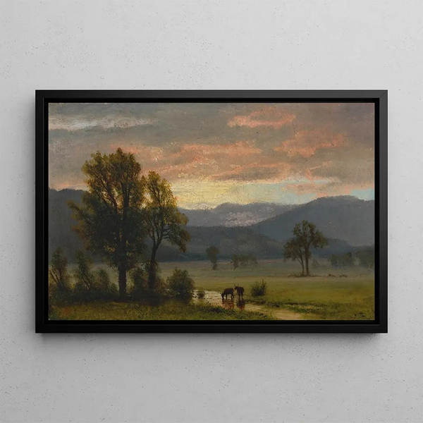 Landscape painting with cattle - Albert Bierstadt — framed artwork on a wall