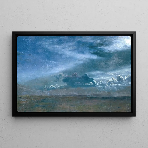 Landscape painting with stormy clouds - Albert Bierstadt — framed artwork on a wall