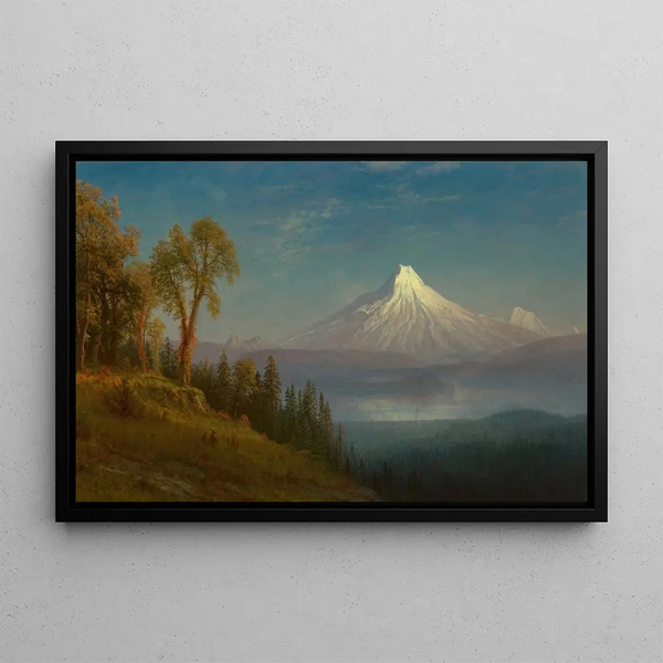 Mont St Helens, rivière Columbia, Oregon - Albert Bierstadt — framed artwork on a wall