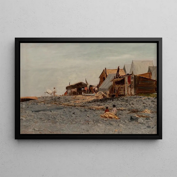 Salmon Fishing Village Painting - Albert Bierstadt — framed artwork on a wall