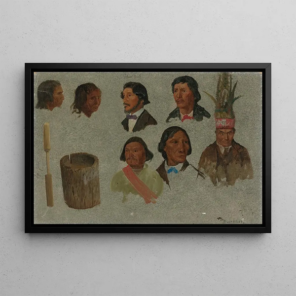 Seven Portraits of Indians and a Primitive Utensil - Albert Bierstadt — framed artwork on a wall