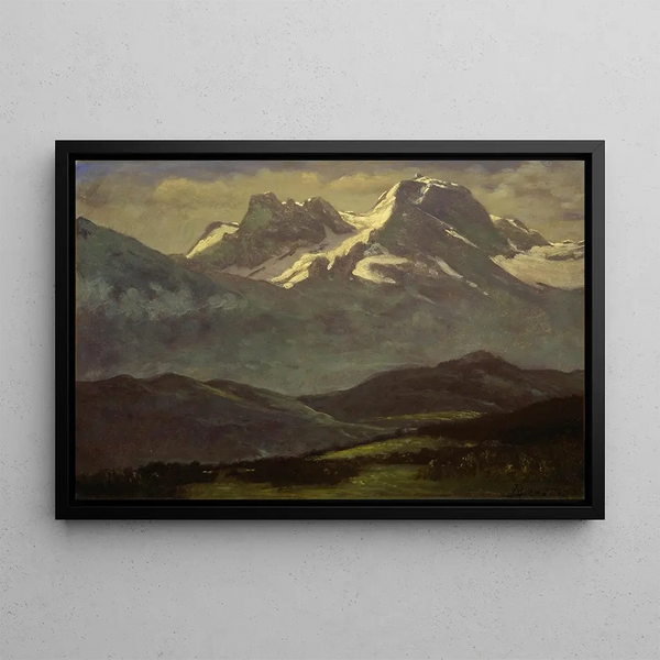 Summer Snow on the Summits or Snowy Mountains - Albert Bierstadt — framed artwork on a wall