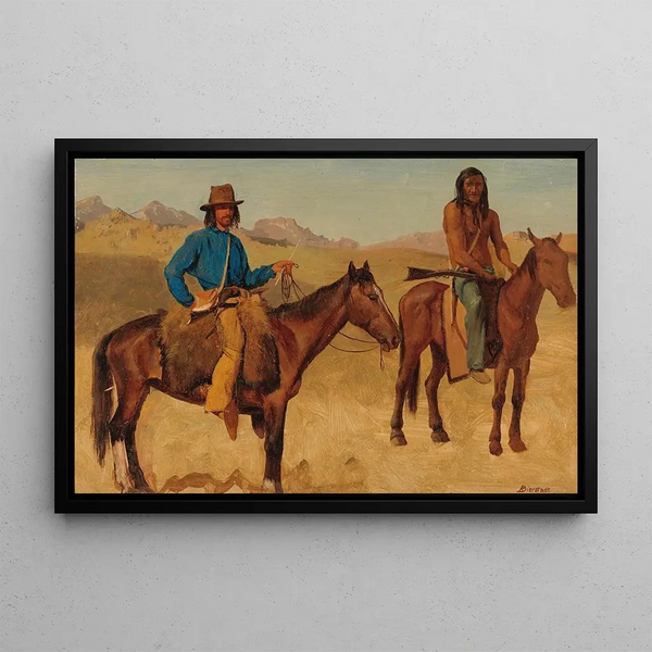 Trapper and Native American guide on horseback - Albert Bierstadt — framed artwork on a wall