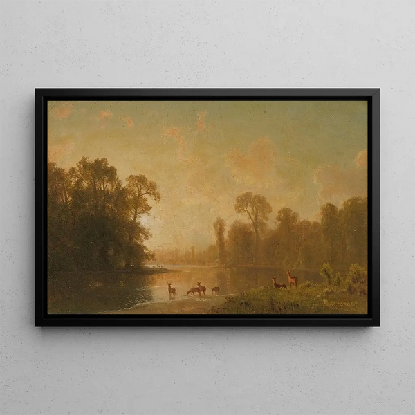 Twilight with stags - Albert Bierstadt — framed artwork on a wall