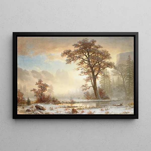 Yosemite Valley Painting, First Snowfall of the Year - Albert Bierstadt — framed artwork on a wall