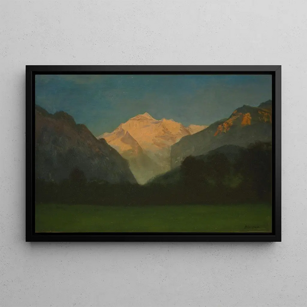 Vue du parc du Glacier ou Coucher de soleil sur le pic - Albert Bierstadt — framed artwork on a wall