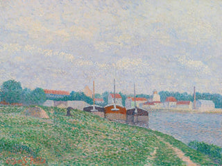 Three barges moored near an industrial city - Albert Dubois-Pillet — artwork view