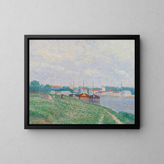 Three barges moored near an industrial city - Albert Dubois-Pillet — framed artwork on a wall