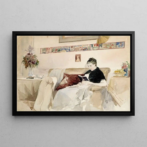 L'épouse de l'artiste lisant sur le canapé - Albert Edelfelt — framed artwork on a wall