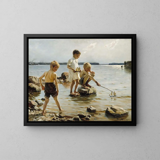 Children playing on the shore - Albert Edelfelt — framed artwork on a wall