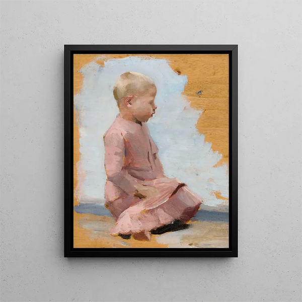 Repetition of the child in a red dress for Saturday evening in Hamar - Albert Edelfelt — framed artwork on a wall