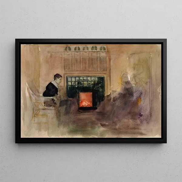 Interior painting of the artist's villa in Kilo, Erik sitting near the stove - Albert Edelfelt — framed artwork on a wall