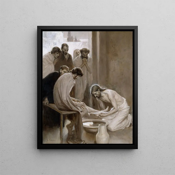 Jesus washing the feet of his disciples - Albert Edelfelt — framed artwork on a wall