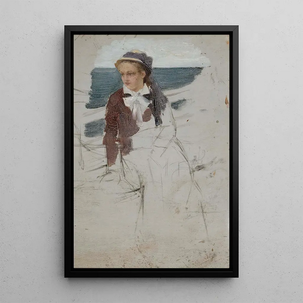 a woman sitting on the ship's railing sketch - Albert Edelfelt — framed artwork on a wall