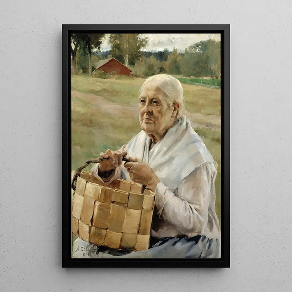 Old woman with a basket of chips - Albert Edelfelt — framed artwork on a wall