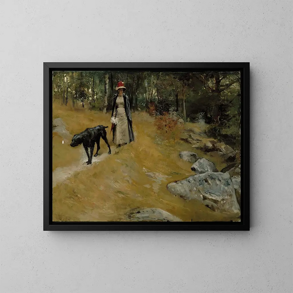 on the riverbank with a dog - Albert Edelfelt — framed artwork on a wall