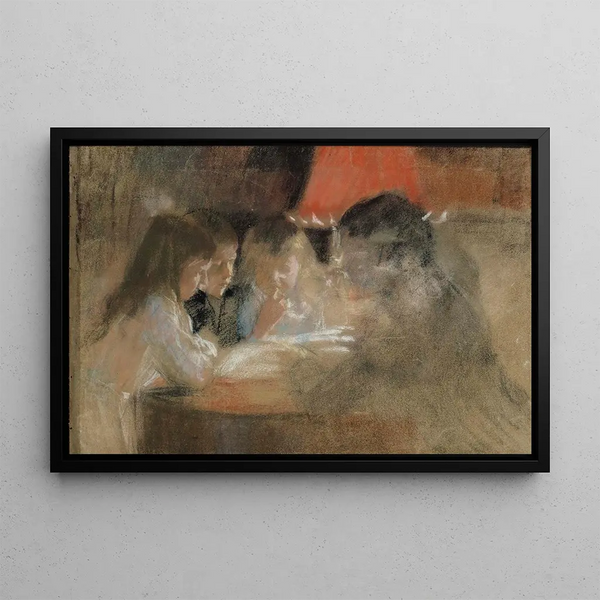 Les enfants de la famille Brandt à la lampe - Albert Edelfelt — framed artwork on a wall