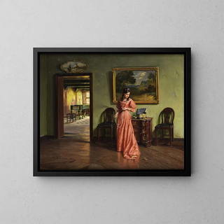 Young lady putting on a pearl necklace - Albert Friedrich Schröder — framed artwork on a wall