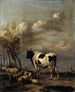 Pasture with black and white bull - Albert Jansz Klomp — artwork view