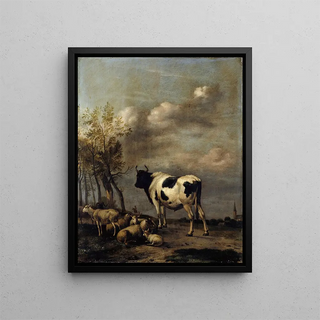 Pasture with black and white bull - Albert Jansz Klomp — framed artwork on a wall