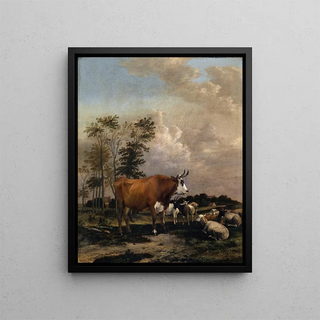 Pasture with a Brown Bull - Albert Jansz Klomp — framed artwork on a wall