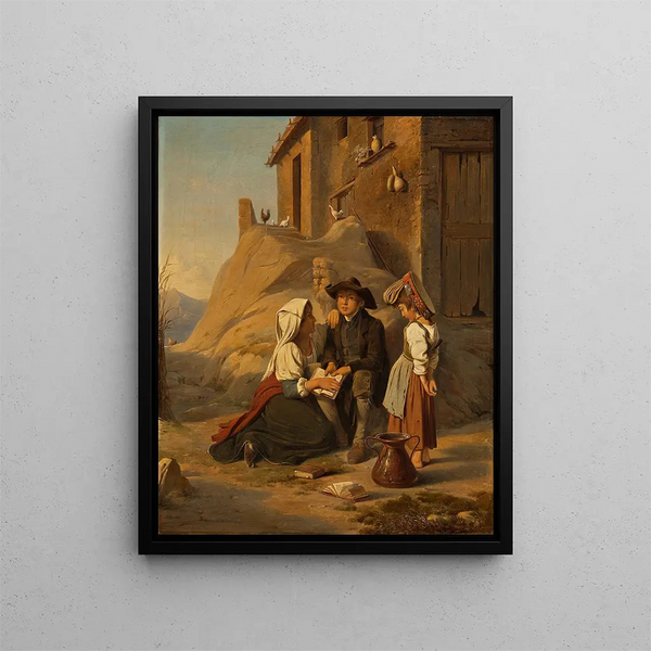 A young abbot recites his lesson to his sister - Albert Kühler — framed artwork on a wall