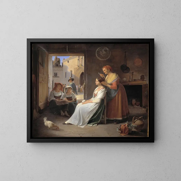 A young Italian woman being adorned by her mother - Albert Kühler — framed artwork on a wall