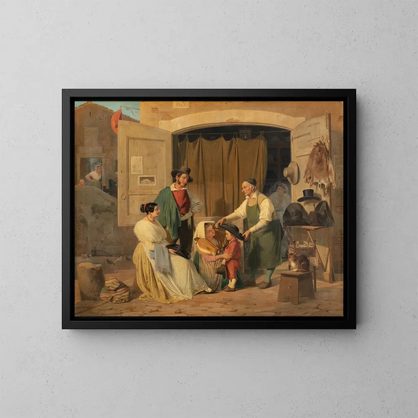 the Roman peasants buying a hat for their grandson who is to become an abbot - Albert Kühler — framed artwork on a wall