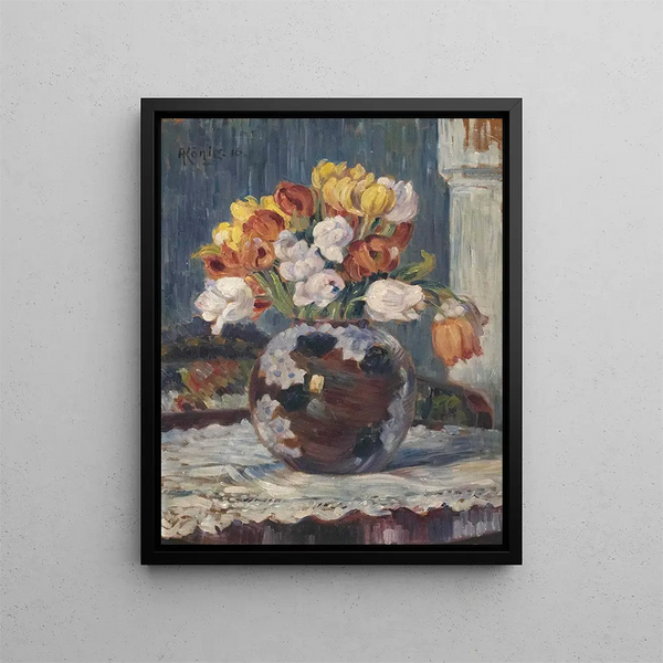 Tulips in a Vase with Spheres - Albert König — framed artwork on a wall