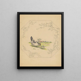 Project of a square plate design with a hen and three chicks - Albert Louis Dammouse — framed artwork on a wall