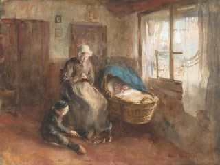 Interior painting with a woman near a cradle and a boy on the floor - Albert Neuhuys — artwork view
