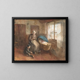 Interior painting with a woman near a cradle and a boy on the floor - Albert Neuhuys — framed artwork on a wall