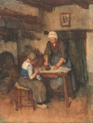 Interior painting with a woman ironing and a child sewing - Albert Neuhuys — artwork view