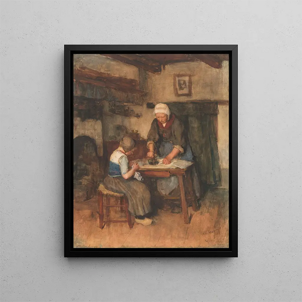 Interior painting with a woman ironing and a child sewing - Albert Neuhuys — framed artwork on a wall
