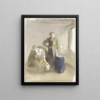 Interior with woman and children in a churn - Albert Neuhuys — framed artwork on a wall