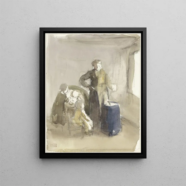 Interior with woman and children in a churn - Albert Neuhuys — framed artwork on a wall