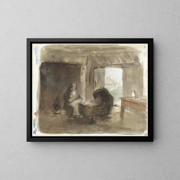 Woman with Child near a Cradle - Albert Neuhuys — framed artwork on a wall
